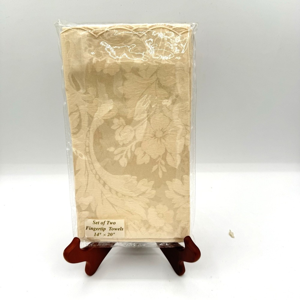 2pc Waterford Barons Court Damask Fingertip Towels Napkins Beige Vintage Grandma